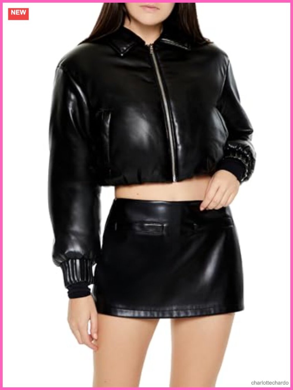 Faux Leather Cropped Bomber Jacket Zip Up Elasticized Trim Aviator